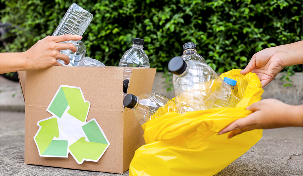 Plastic bottles in a cardboard box and plastic bag
