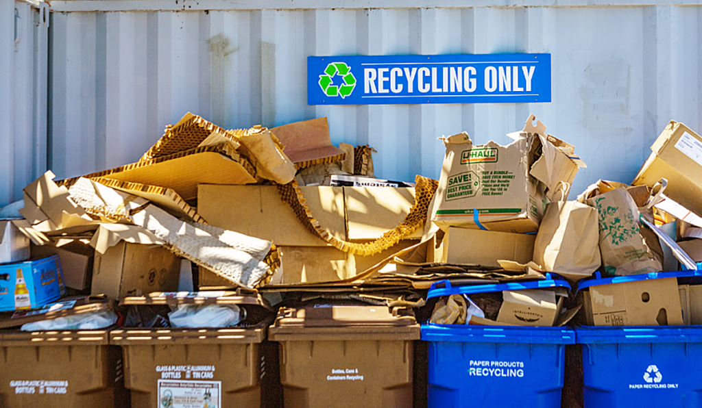 Paper and cardboard recycling area with collection bins and flattened cardboard boxes awaiting recycling.