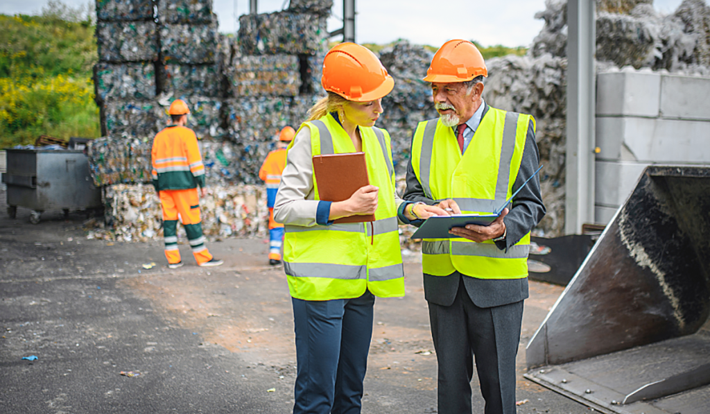 Workers in high-visibility clothing inspecting operations at a commercial recycling and waste management facility.