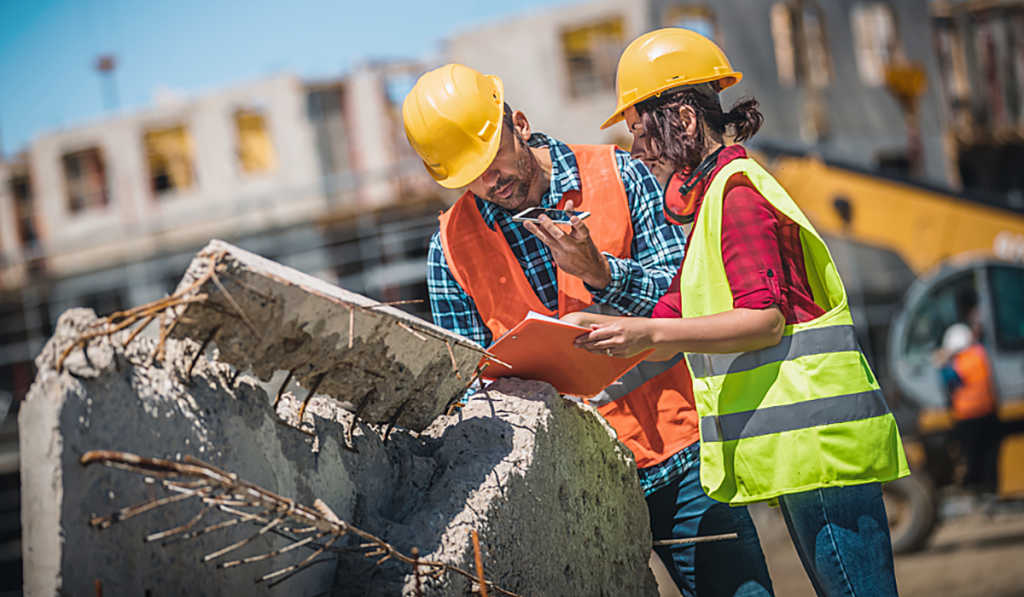 Construction workers reviewing plans at a building site