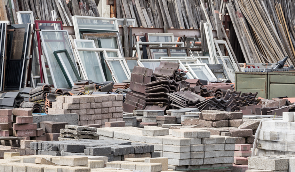 Recovered construction materials including bricks, paving stones, roof tiles and windows